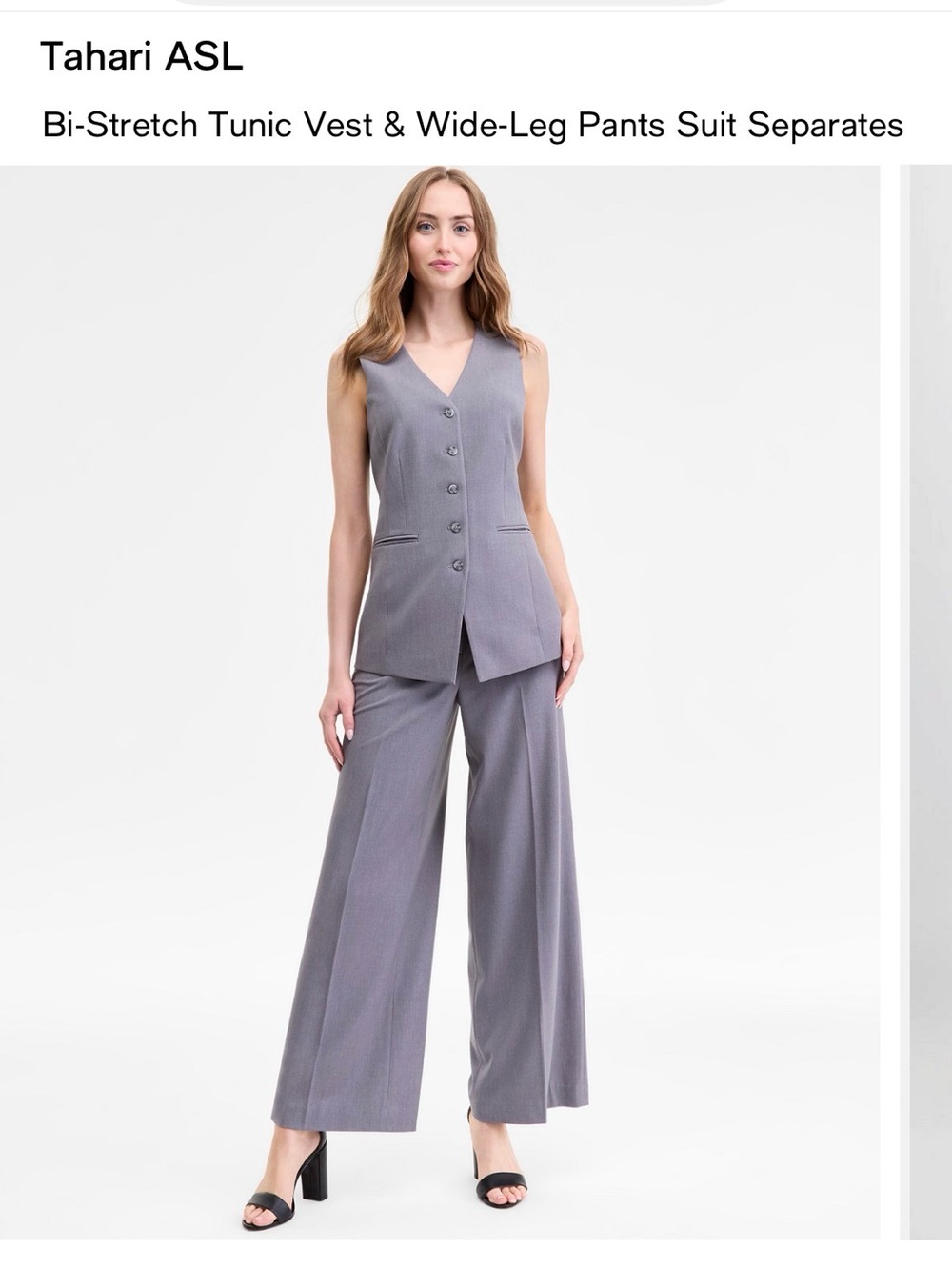 ❌sold❌Tahari ASL Gray Pinstripe Tunic Vest & Wide-Leg Pants Set